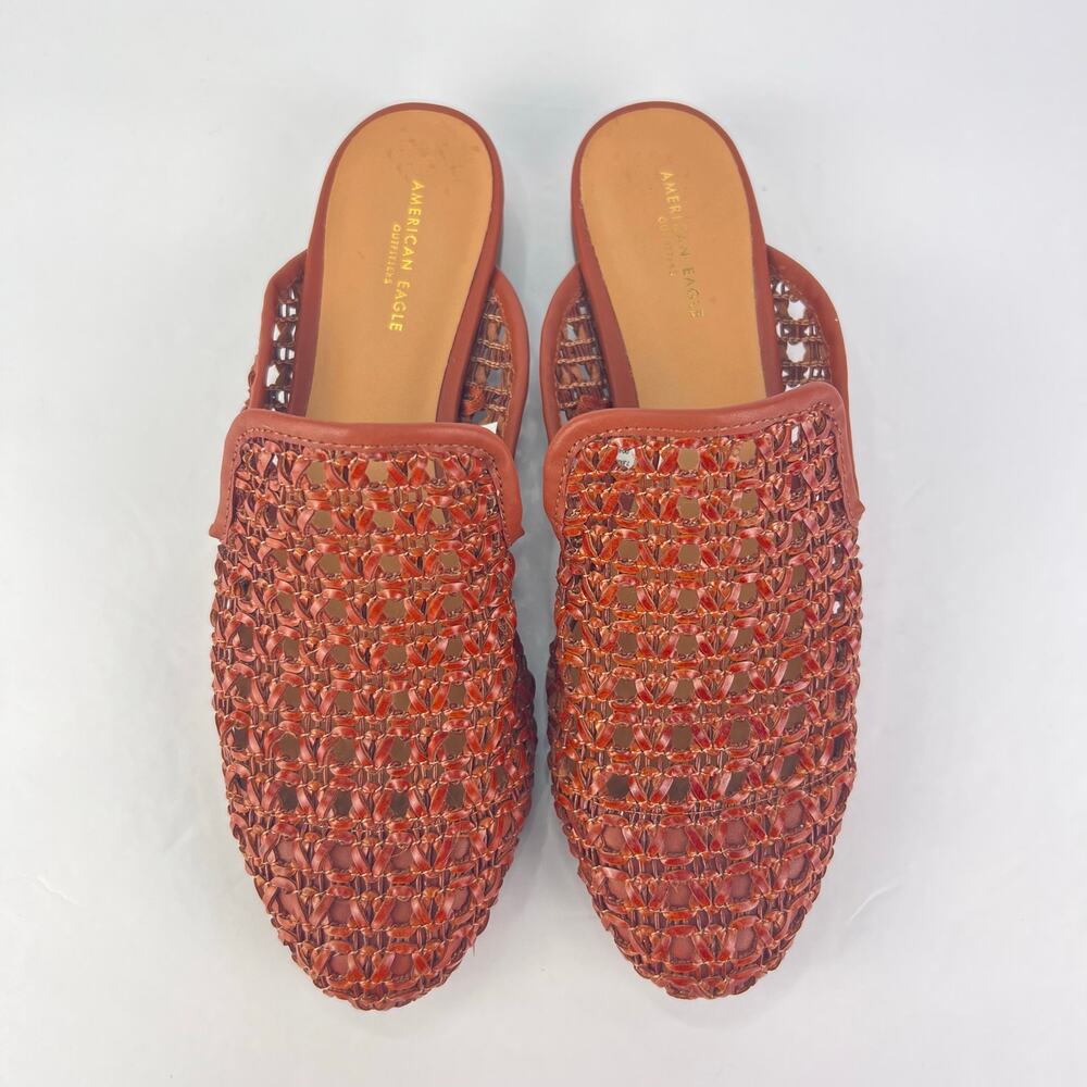 EUC American Eagle Sandals Women's 7 Brown Weaved Mesh Slip On Low Heels Shoes
